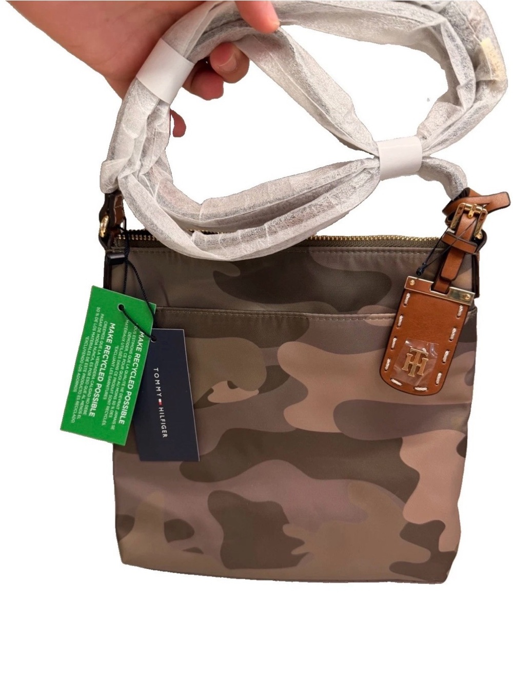 Tommy Hilfiger Camo Crossbody with Tan Leather Tag and matching wallet included
